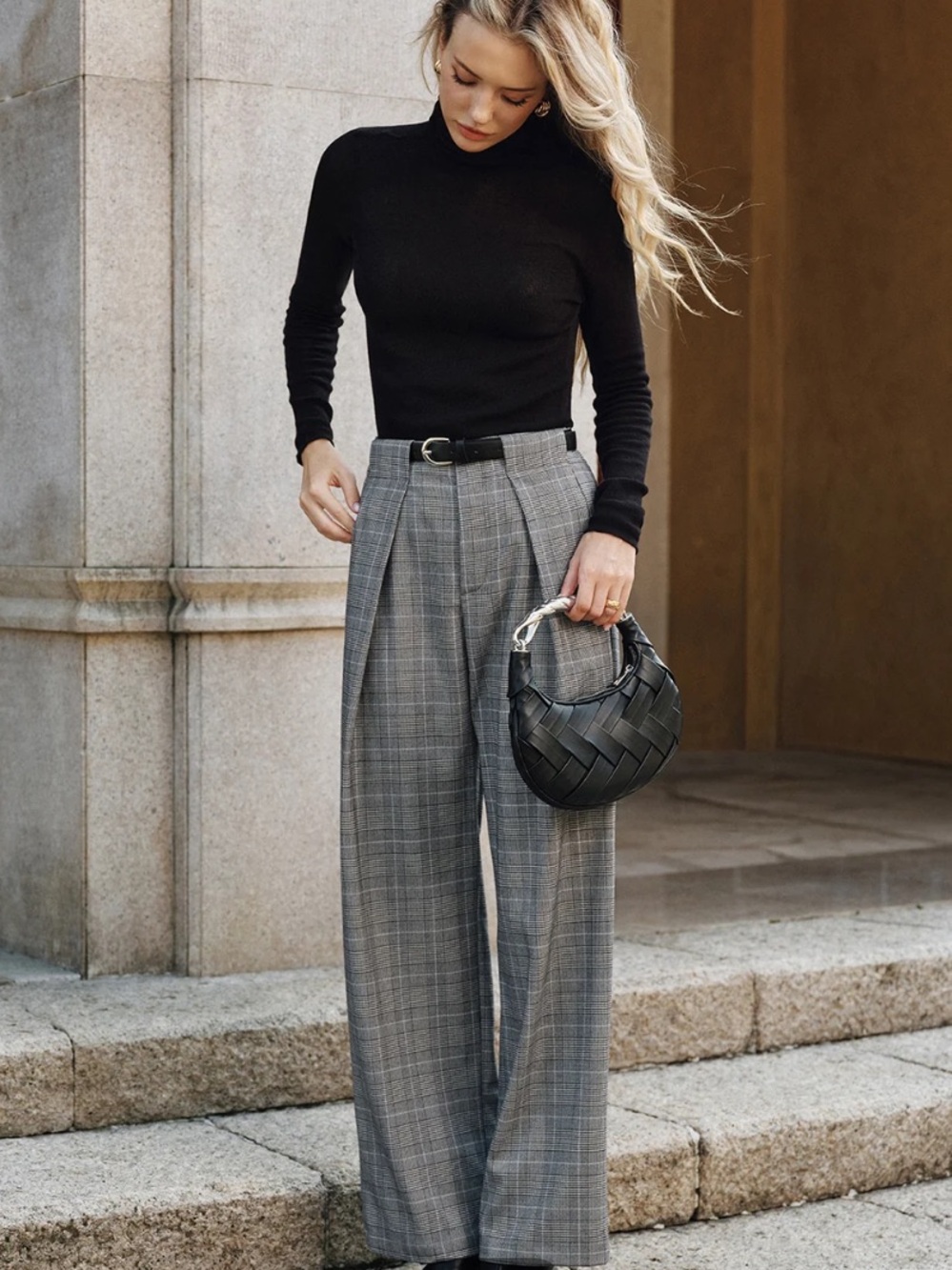 Commense Plaid Wide-Leg Dress Pants Pleated with Belt Loops Small